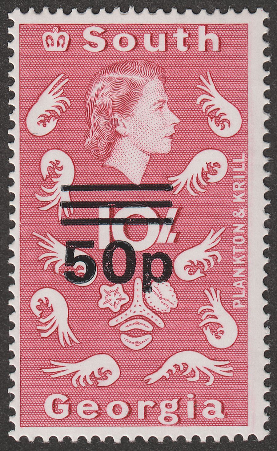 South Georgia 1972 QEII 50p Surcharge on 10sh Magenta Type II Mint SG31a