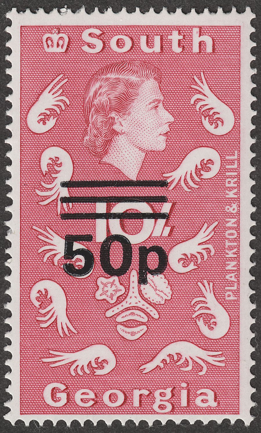 South Georgia 1972 QEII 50p Surcharge on 10sh Magenta Type II Mint SG31a