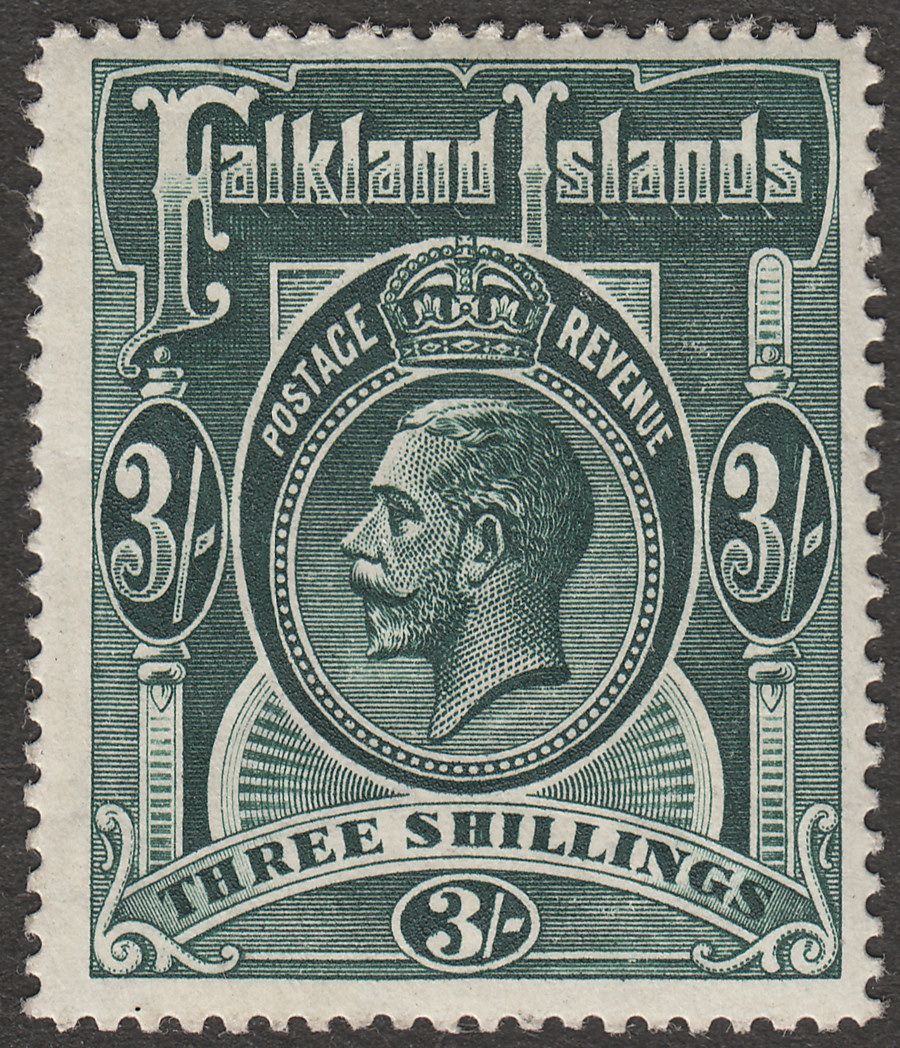 Falkland Islands 1912 KGV 3sh Slate-Green Mint SG66