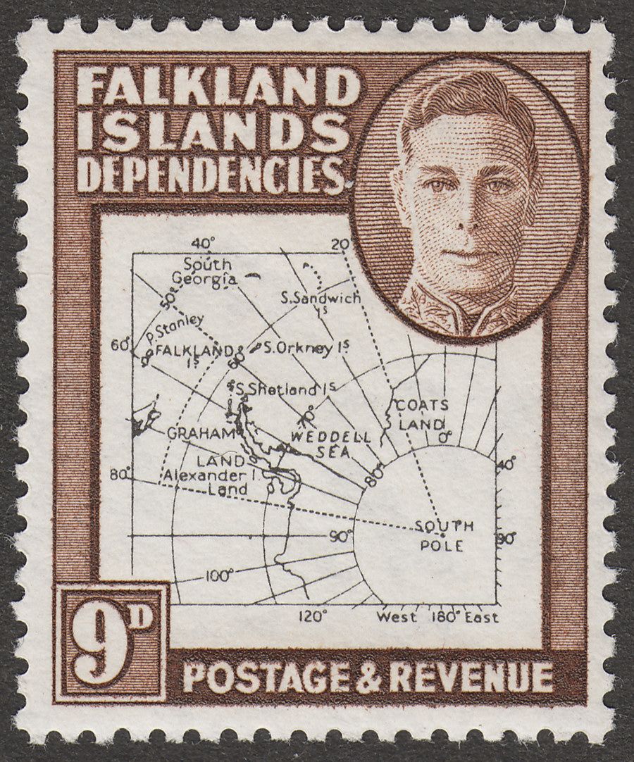 Falkland Islands Dependencies 1948 KGVI Thin Map 9d Dot in T Mint SG G15a