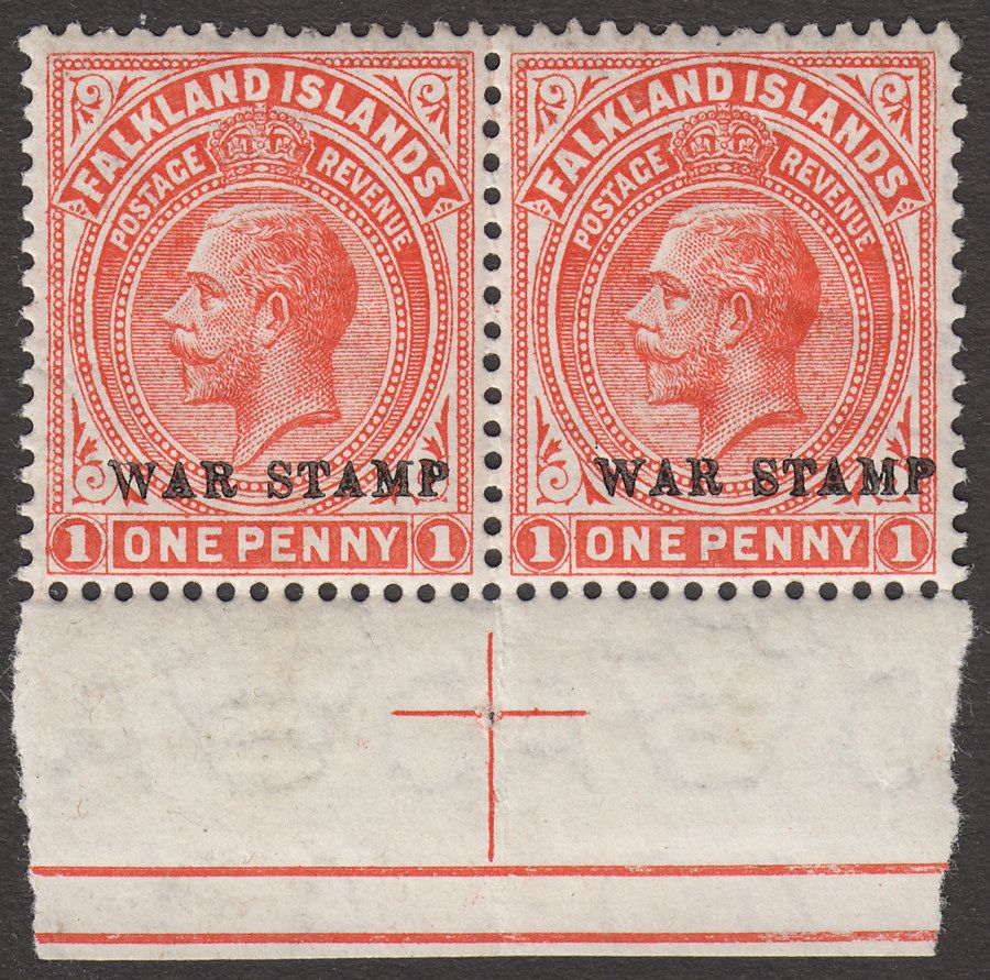 Falkland Islands 1919 KGV War Tax 1d OrangeVermilion Marginal Pair