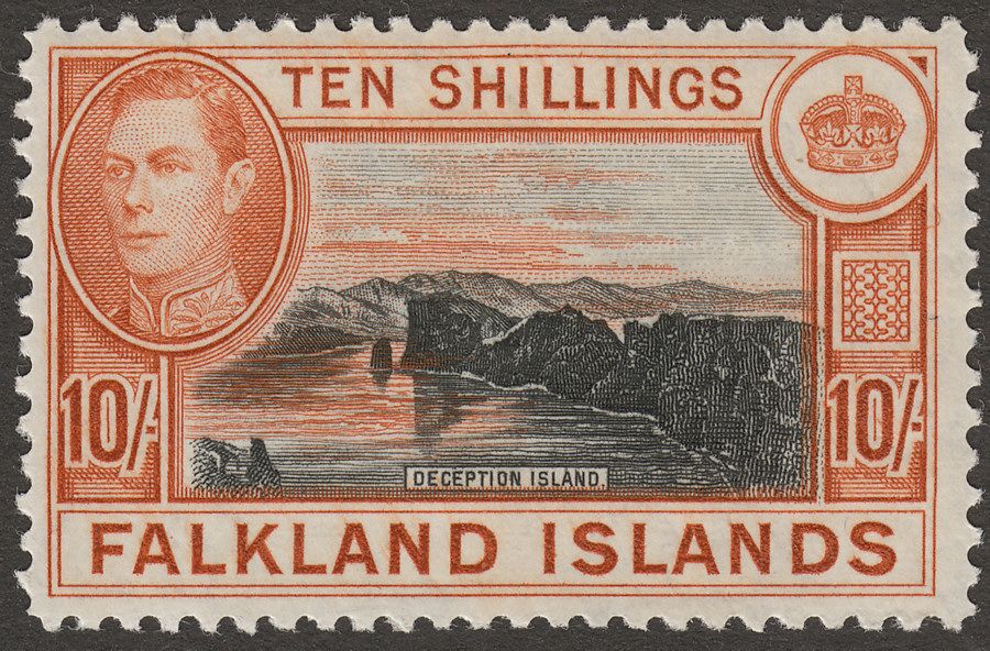 Falkland Islands 1949 KGVI 10sh Black and Red-Orange Mint SG162b