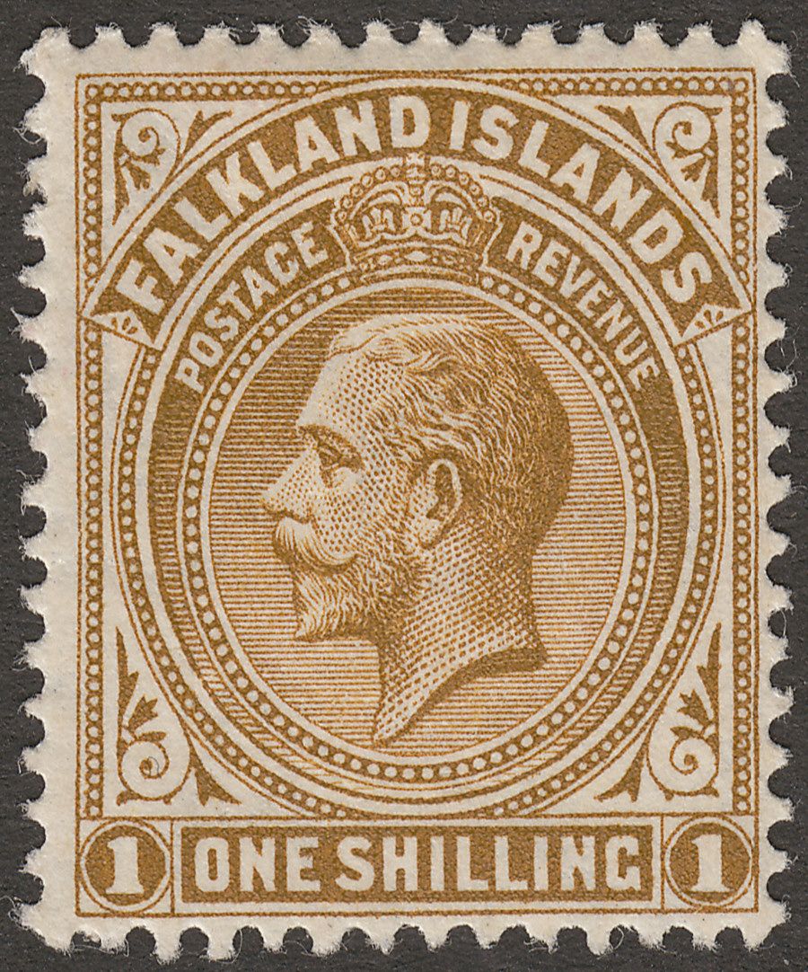 Falkland Islands 1912 KGV 1sh Light Bistre-Brown Mint SG65