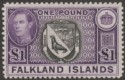 Click for more photos and details Falkland Islands 1944 KGVI £1 Grey-Black and Bluish Violet Mint SG163