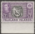 Click for more photos and details Falkland Islands 1938 KGVI £1 Black and Reddish Violet Mint SG163