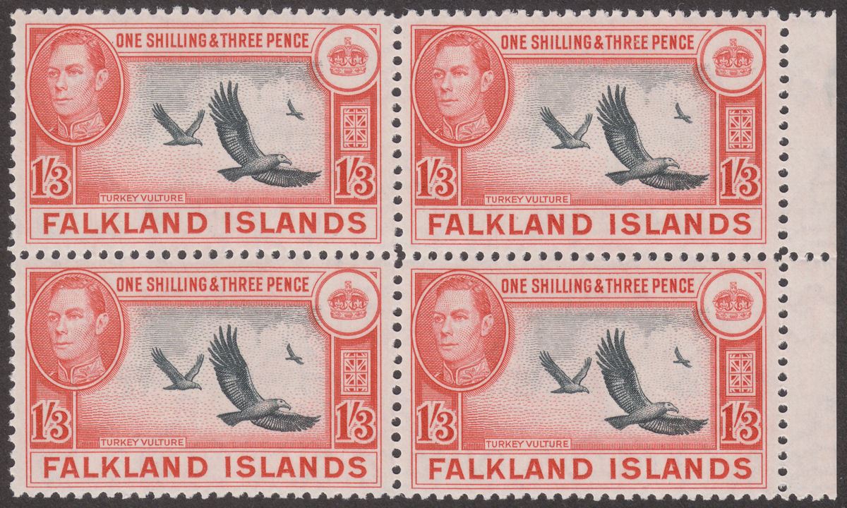 Falkland Islands 1946 KGVI Turkey Vultures 1sh3d Block of 4 UM Mint SG159 MNH