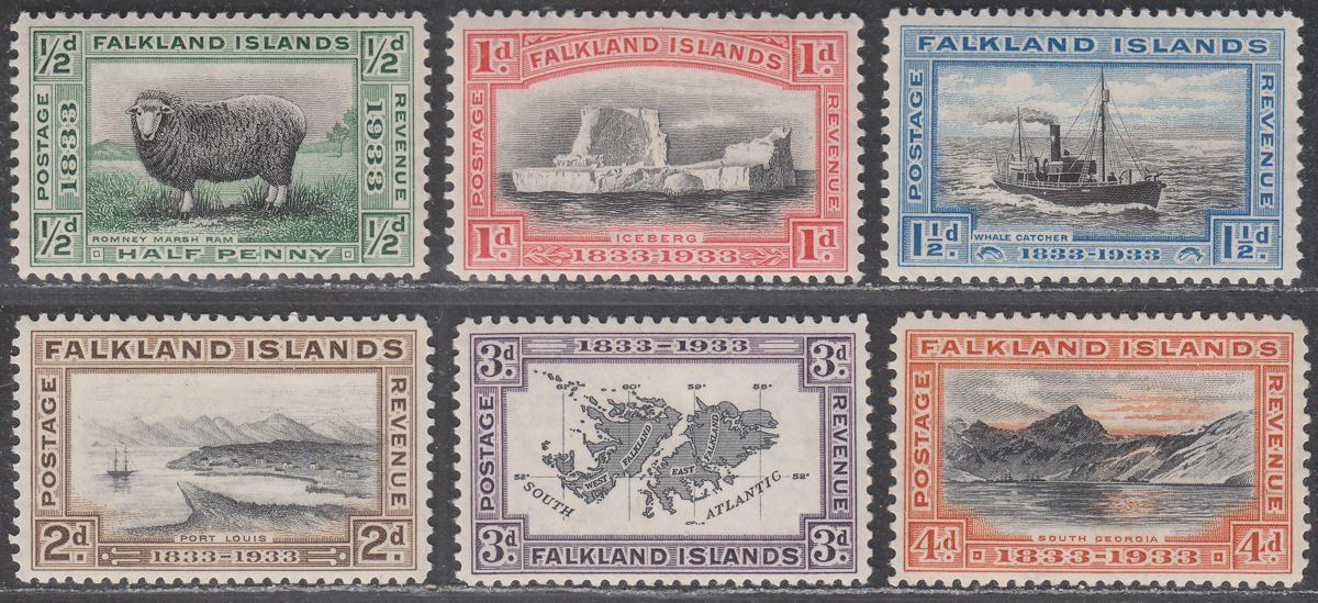 Falkland Islands 1933 KGV Centenary Set to 4d Mint SG127-132 cat £100 toned gum