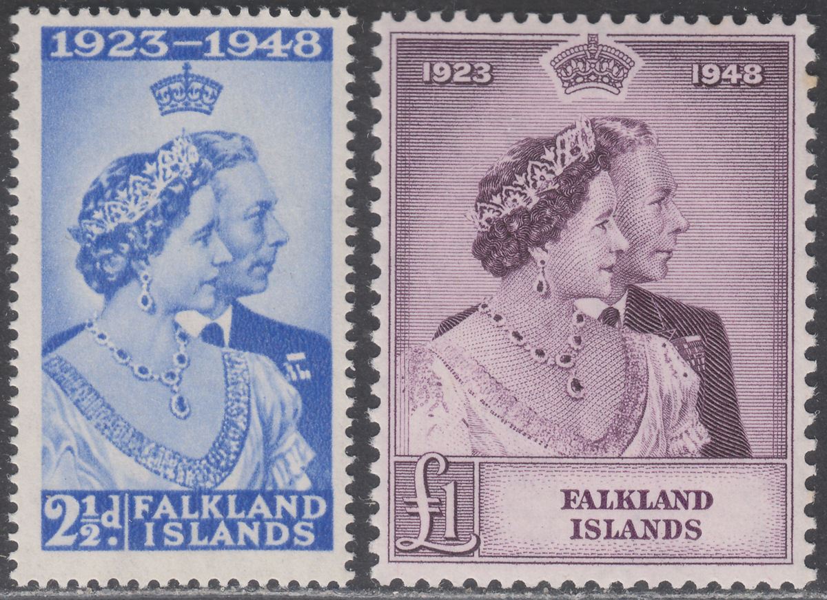 Falkland Islands 1948 KGVI Royal Silver Wedding 2½d, £1 Mint SG166-167 cat £90