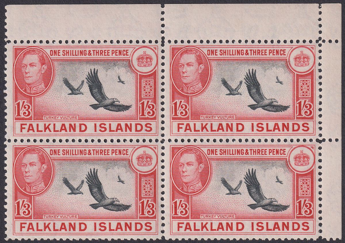 Falkland Islands 1946 KGVI Turkey Vultures 1sh3d Block of 4 UM Mint SG159 MNH