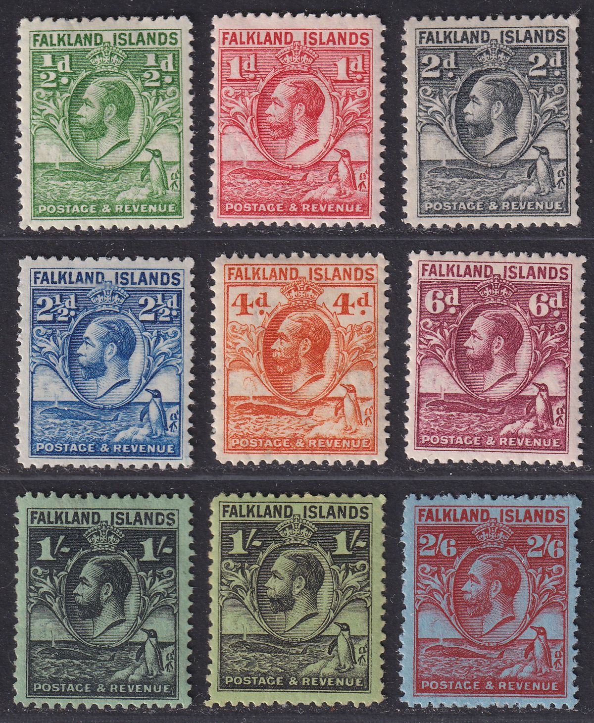 Falkland Islands 1929 KGV Fin Whale and Penguins Set to 2sh6d Mint SG116-123