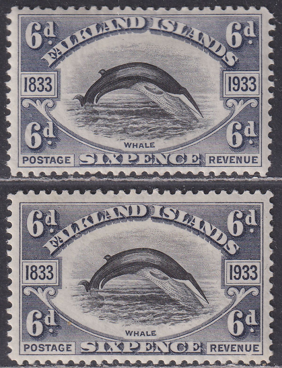 Falkland Islands 1933 KGV Centenary Fin Whale 6d Both Shades Mint SG133 cat £160