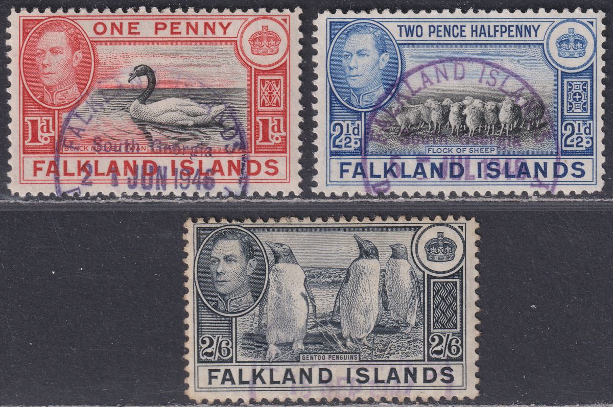 Falkland Islands 1946-47 KGVI 1d, 2½d, 2sh6d Used with SOUTH GEORGIA Postmarks