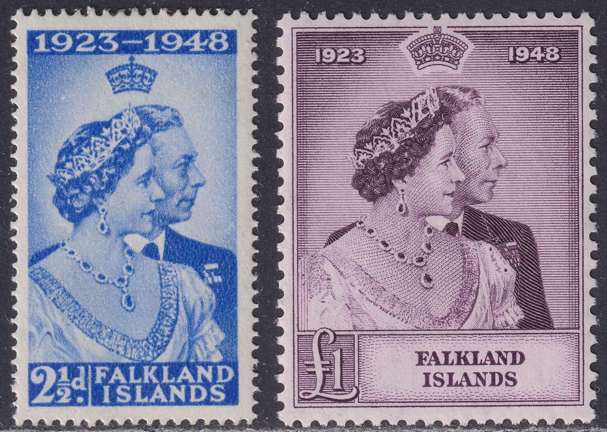 Falkland Islands 1948 KGVI Royal Silver Wedding 2½d, £1 Mint SG166-167 cat £90