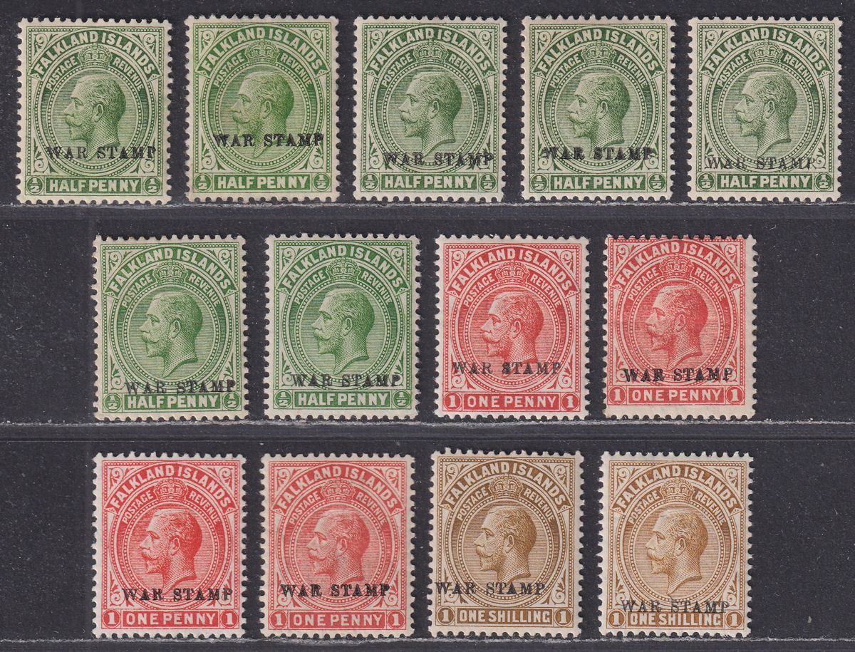 Falkland Islands 1918 KGV War Stamp Overprint ½d, 1d, 1sh Selection Mostly Mint