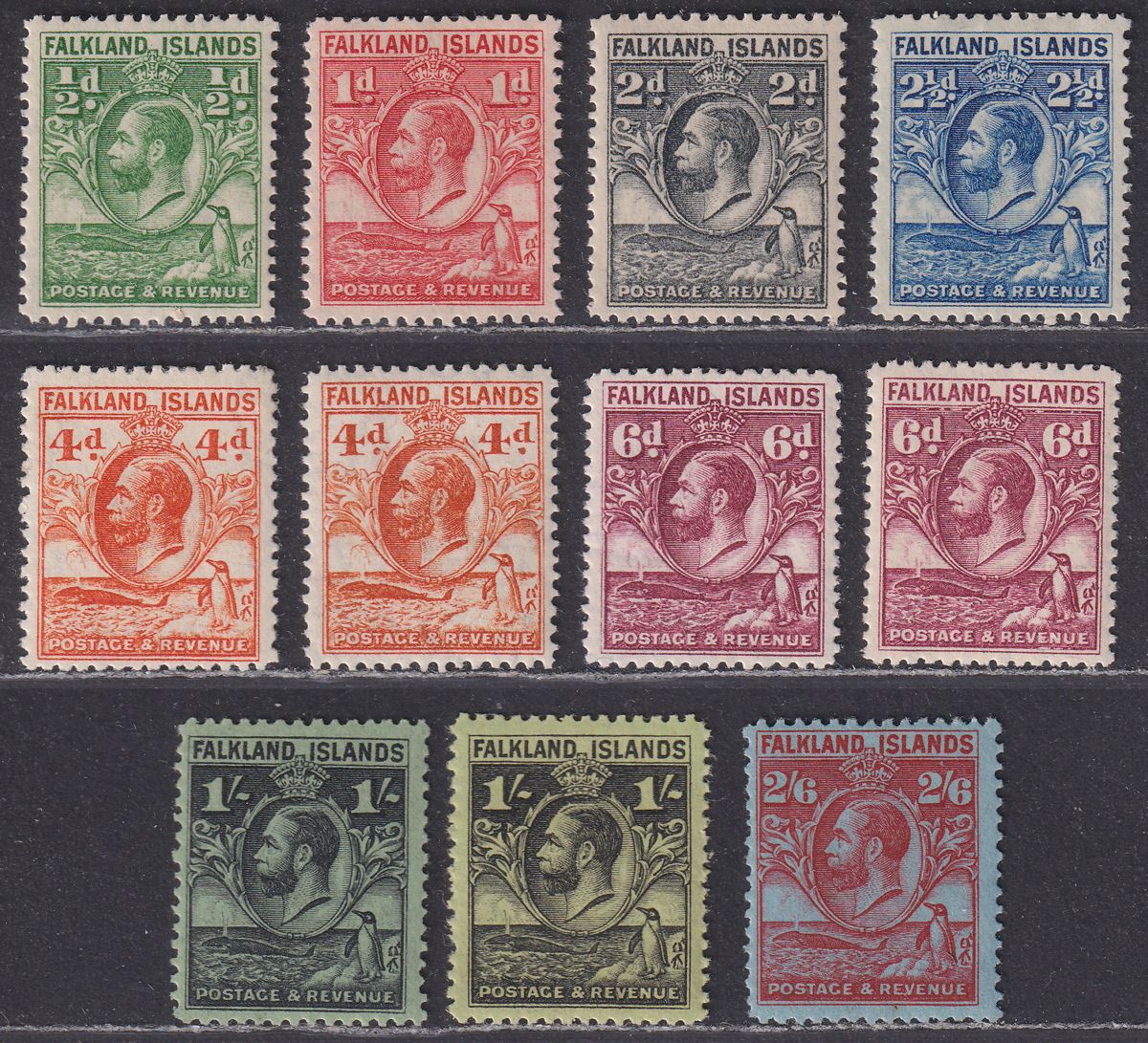 Falkland Islands 1929 KGV Fin Whale and Penguins Set to 2sh6d Mint SG116-123