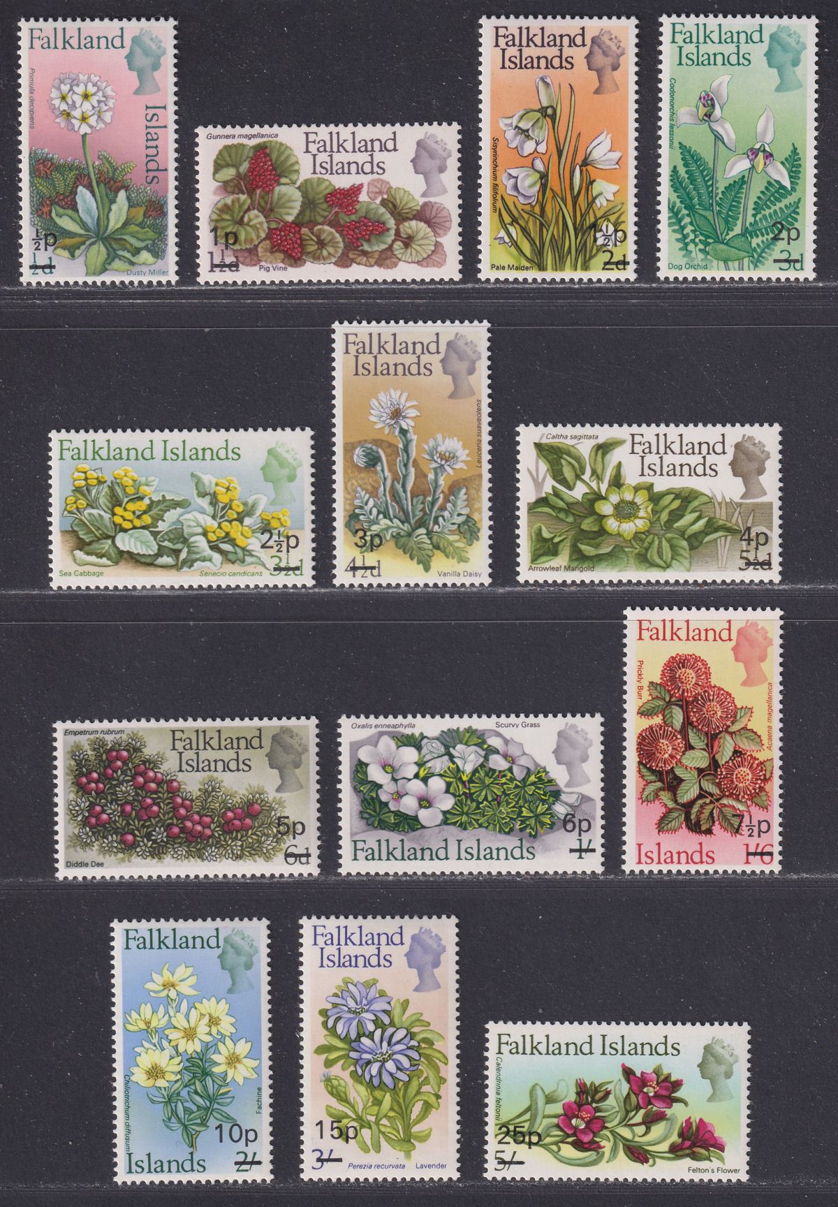 Falkland Islands 1971 QEII Flowers Surcharge Set UM Mint SG263-275 cat £25 MNH