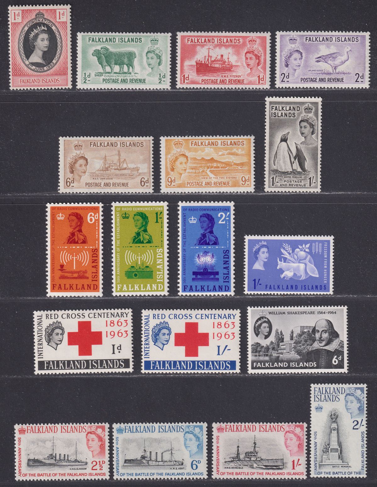 Falkland Islands 1953-64 QEII Selection Mint inc 1955 set, Red Cross, Battle