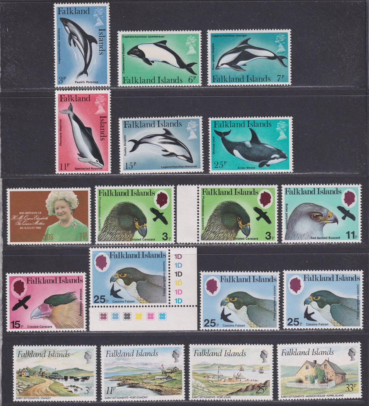 Falkland Islands 1980-81 QEII Selection UM Mint inc Dolphins Birds of Prey, Maps