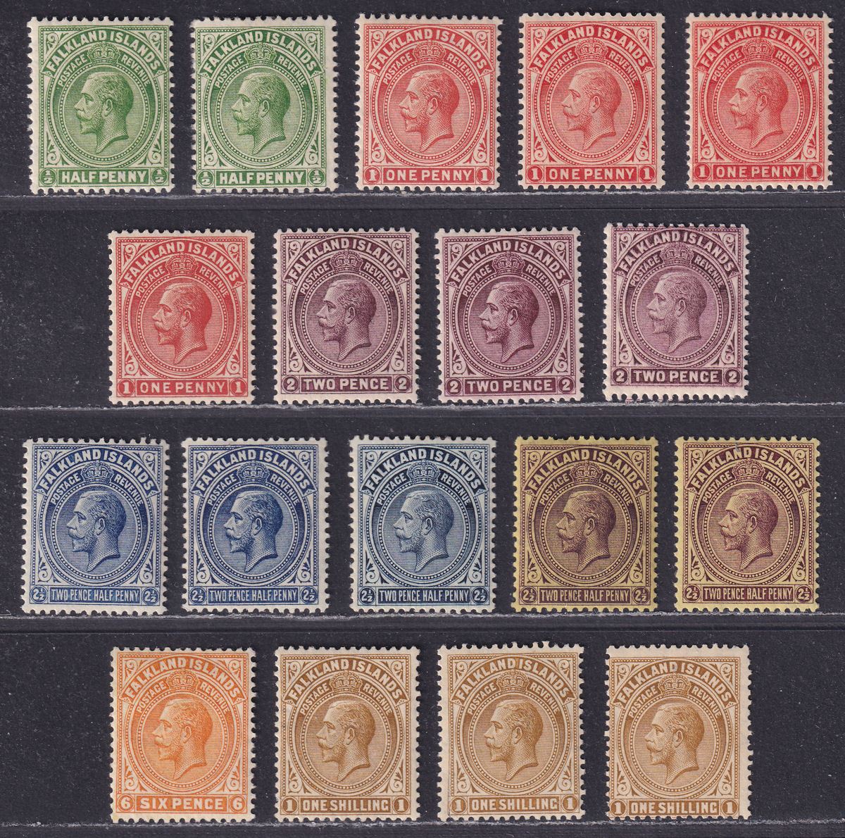 Falkland Islands 1921-28 King George V Set to 1sh with Shades Mint SG73-79