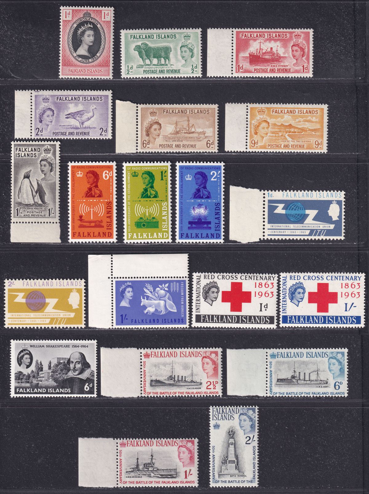 Falkland Islands 1953-65 QEII Selection Mint inc 1955 set, Red Cross, Battle