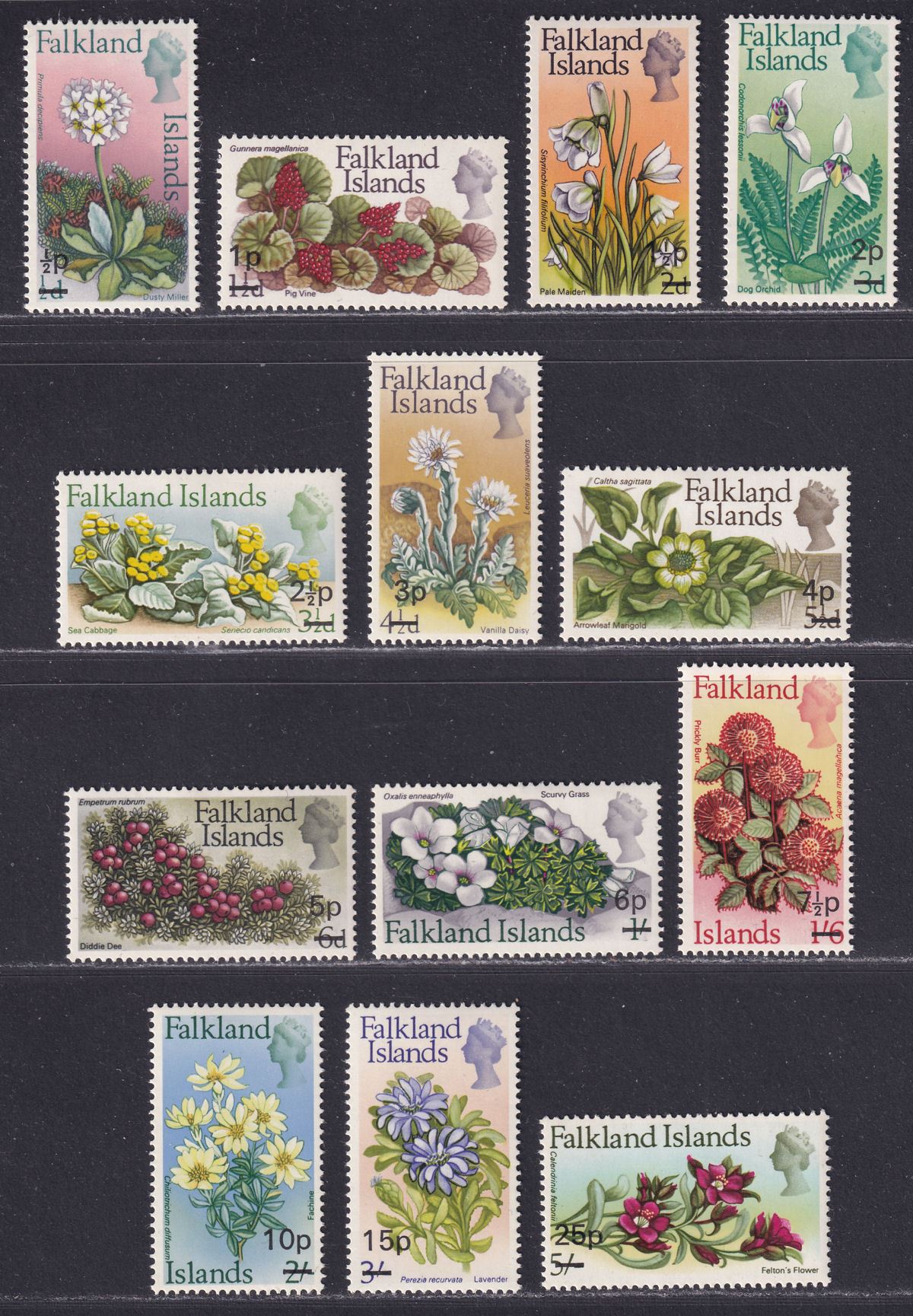 Falkland Islands 1971 QEII Flowers Surcharge Set Mint SG263-275 cat £25