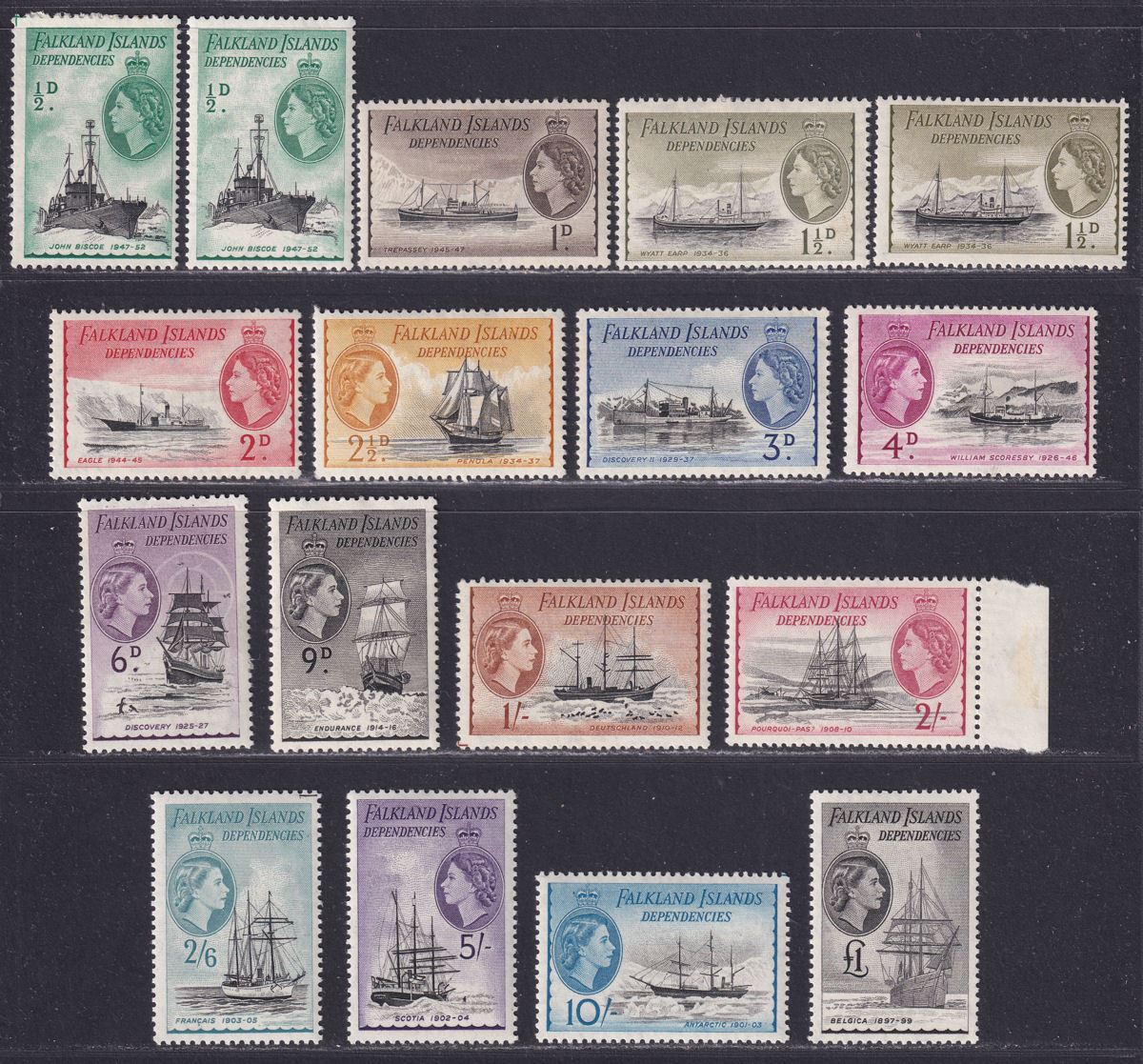 Falkland Islands Dependencies 1954 QEII Ships Set Mint SG G26-G40 cat £225