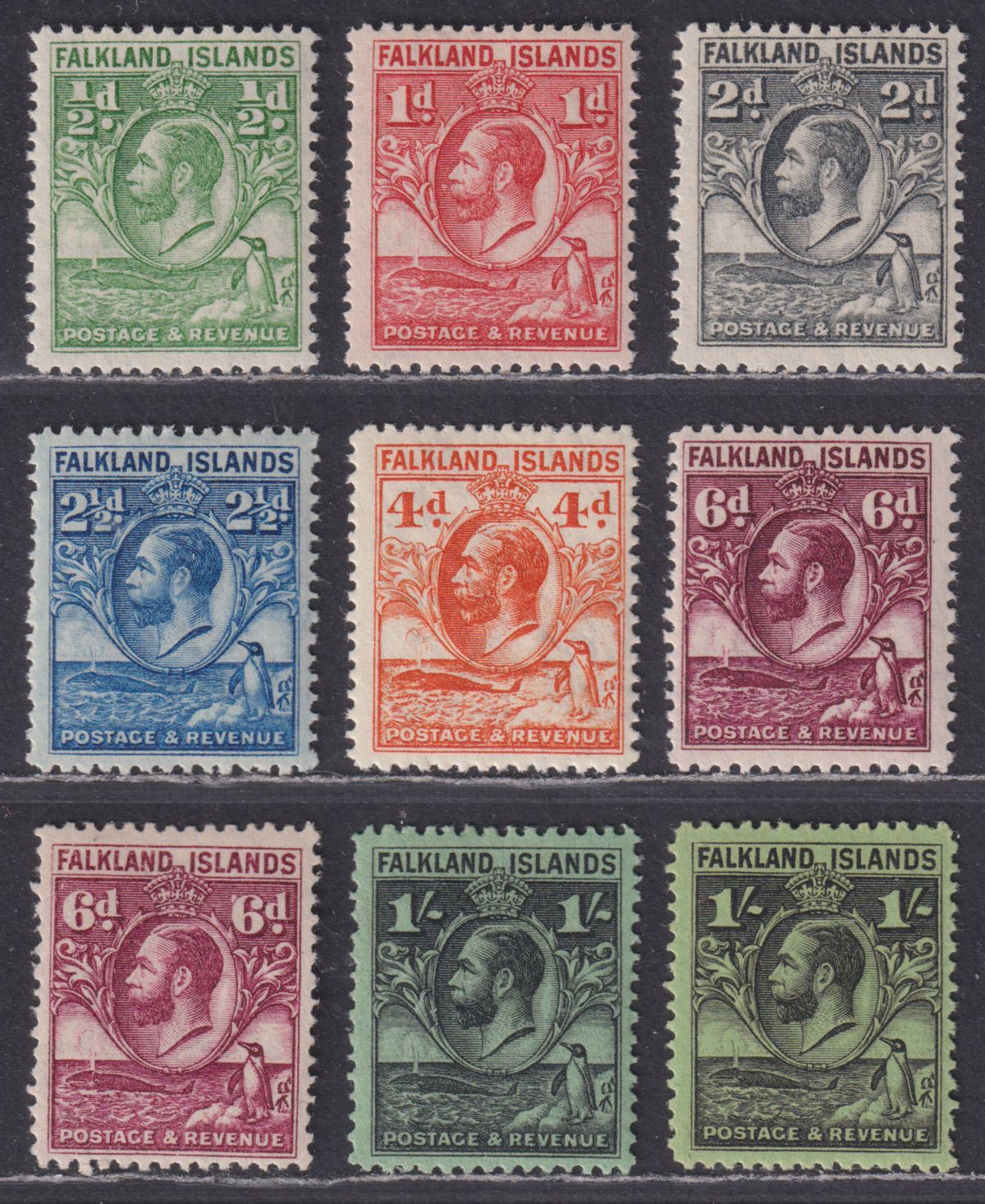 Falkland Islands 1929-37 KGV Fin Whale and Penguins Set to 1sh Mint SG116-122a