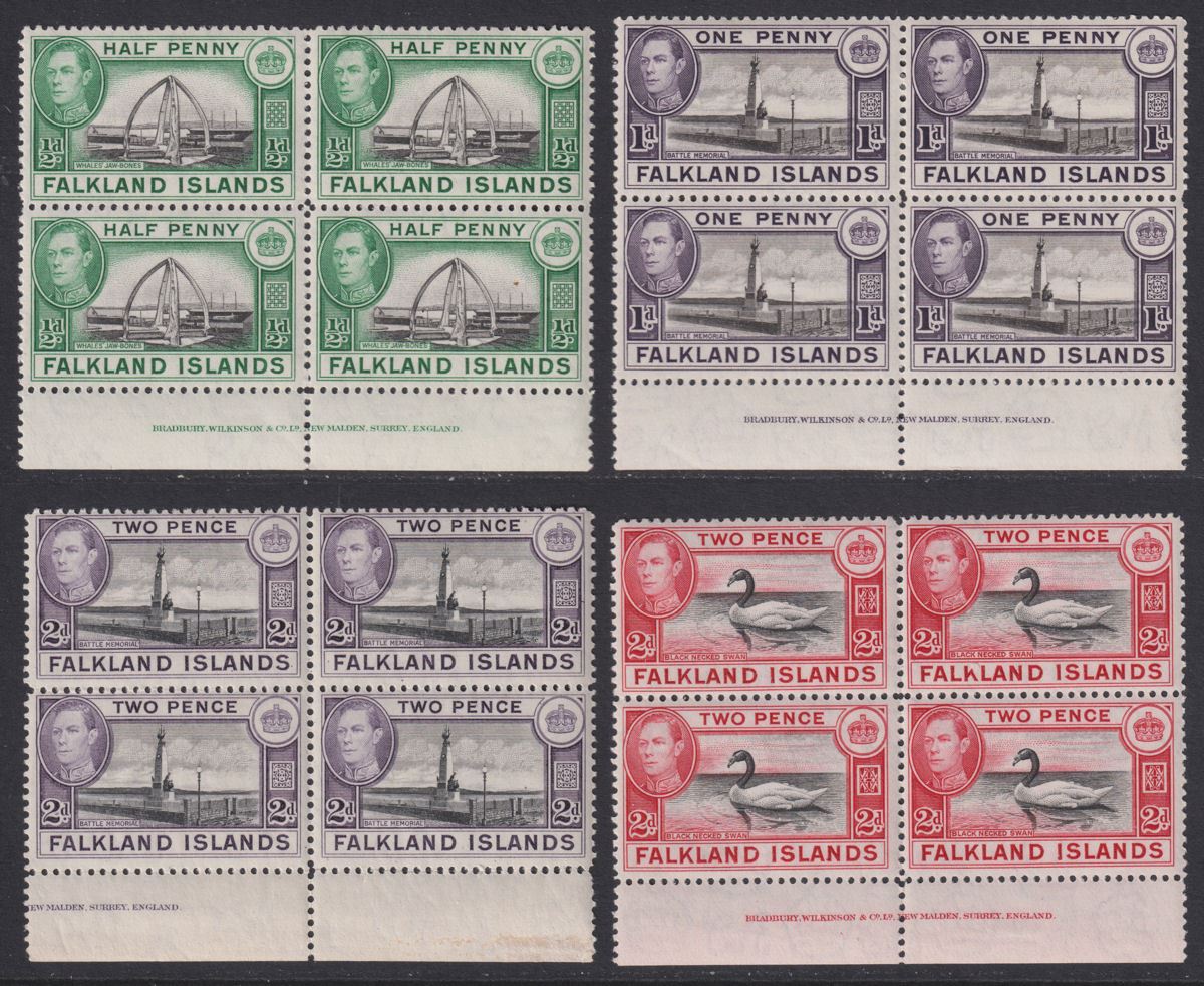 Falkland Islands 1938-50 King George VI ½d, 1d, 2d Imprint Blocks of 4 Mint