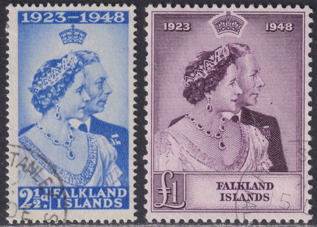 Falkland Islands 1948 KGVI Royal Silver Wedding 2½d, £1 Used SG166-167 cat £65