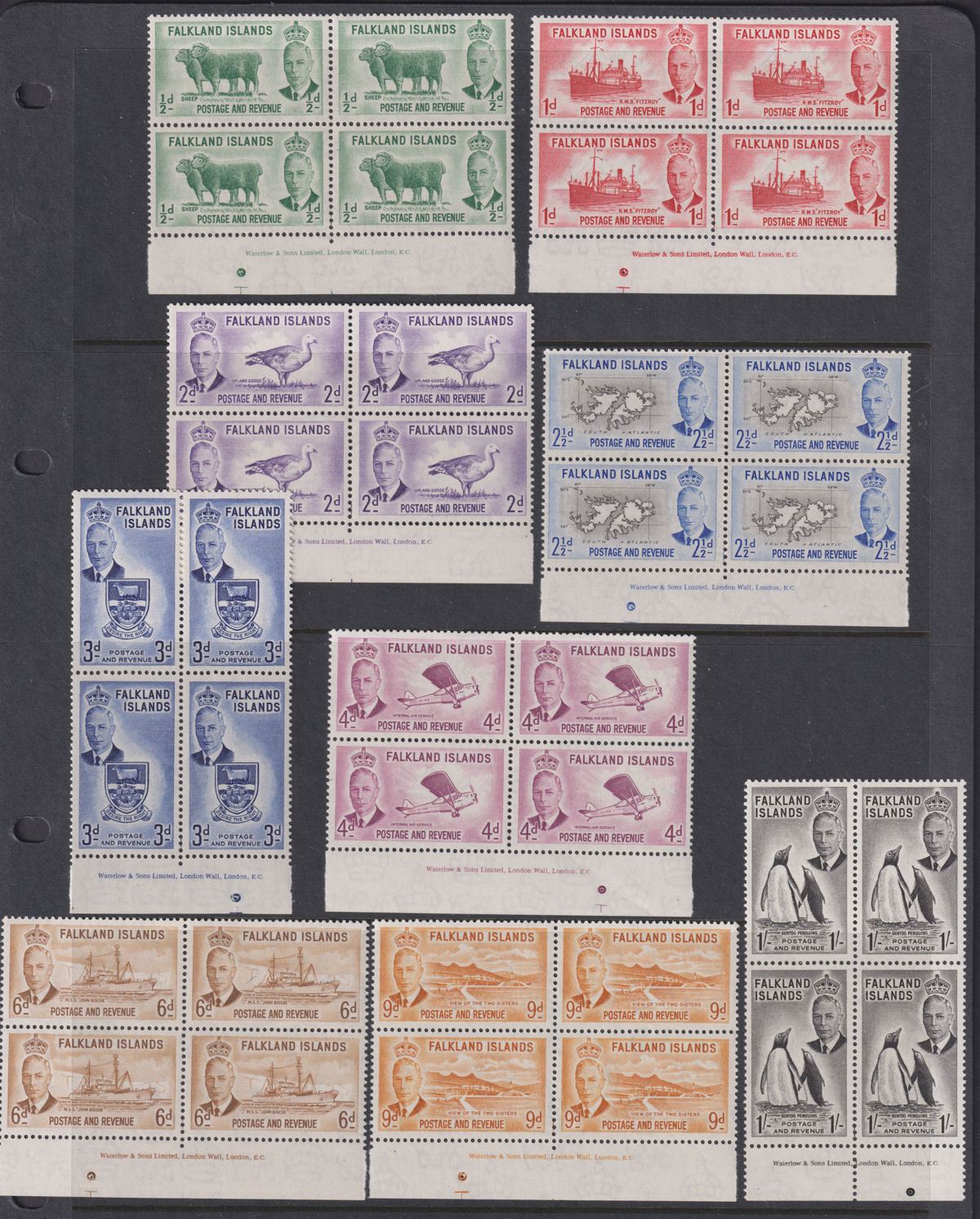 Falkland Islands 1952 KGVI Imprint Block Set to 1sh Mint SG172-180 cat £260