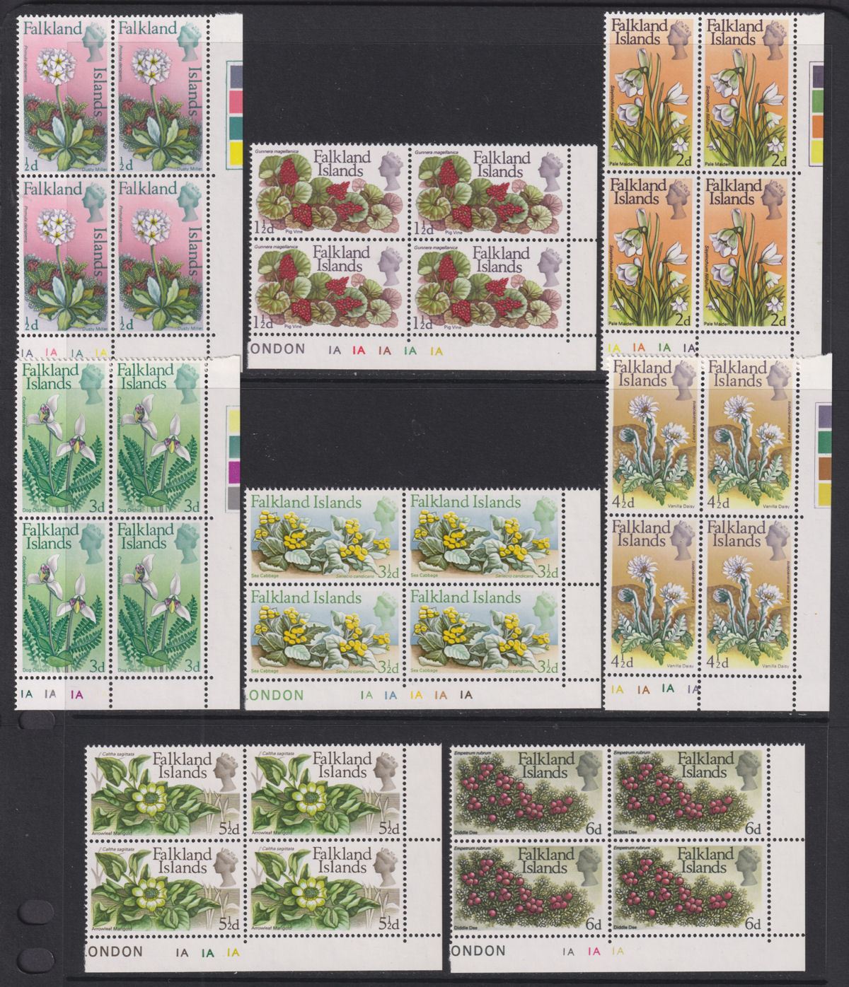 Falkland Islands 1968 QEII Flowers Plate Block Set UM Mint SG232-245 cat £300
