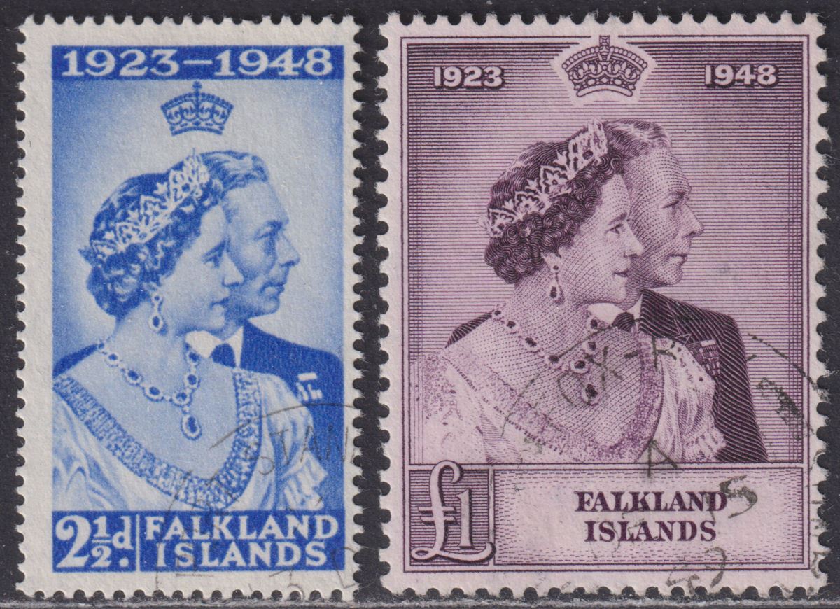 Falkland Islands 1948 KGVI Royal Silver Wedding 2½d, £1 Used SG166-167 cat £65