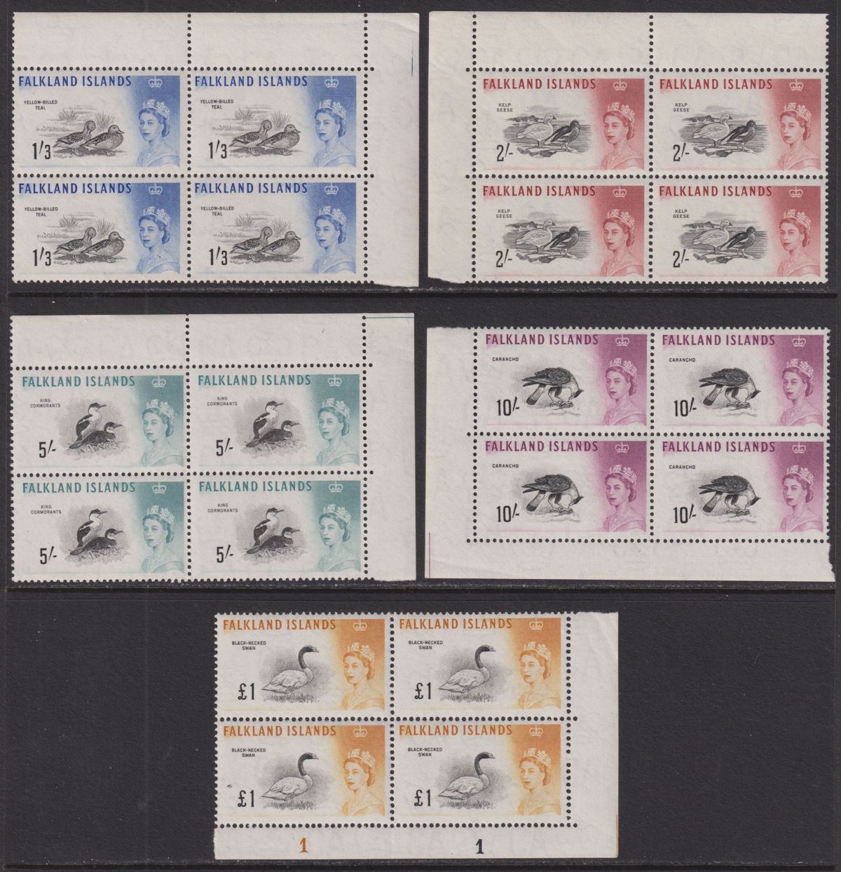 Falkland Islands 1960 QEII Birds 1sh3d - £1 Blocks 4 UM Mint SG203-207 cat £724