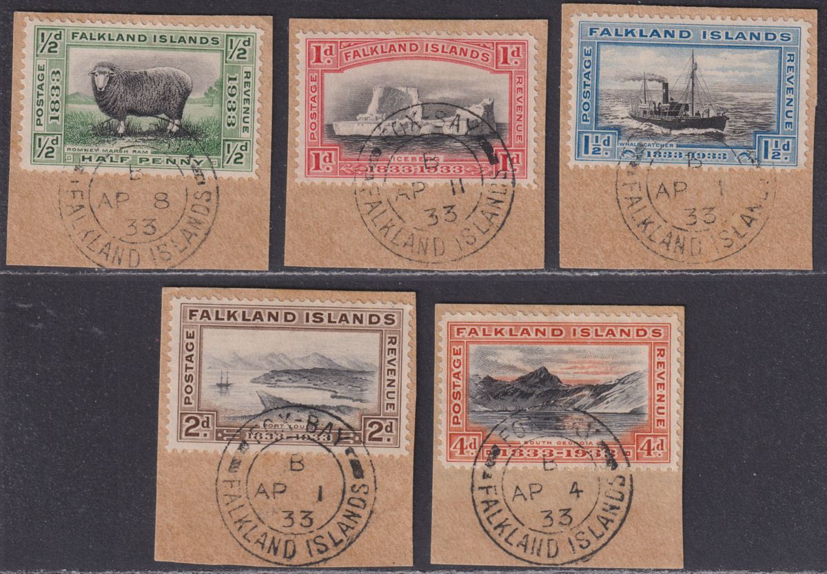 Falkland Islands 1933 KGV Centenary Part Set to 4d Used with FOX BAY Postmarks