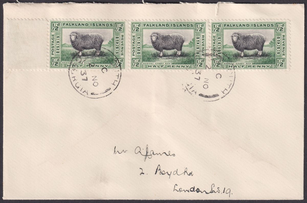 Falkland Islands 1937 KGV Centenary ½d x 3 Used Cover SOUTH GEORGIA Pmk SG Z54