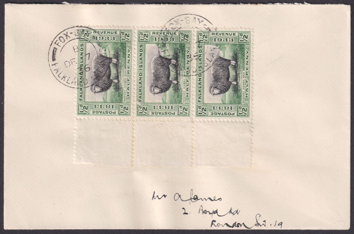 Falkland Islands 1936 KGV Centenary ½d x 3 Used Cover with FOX BAY Postmarks