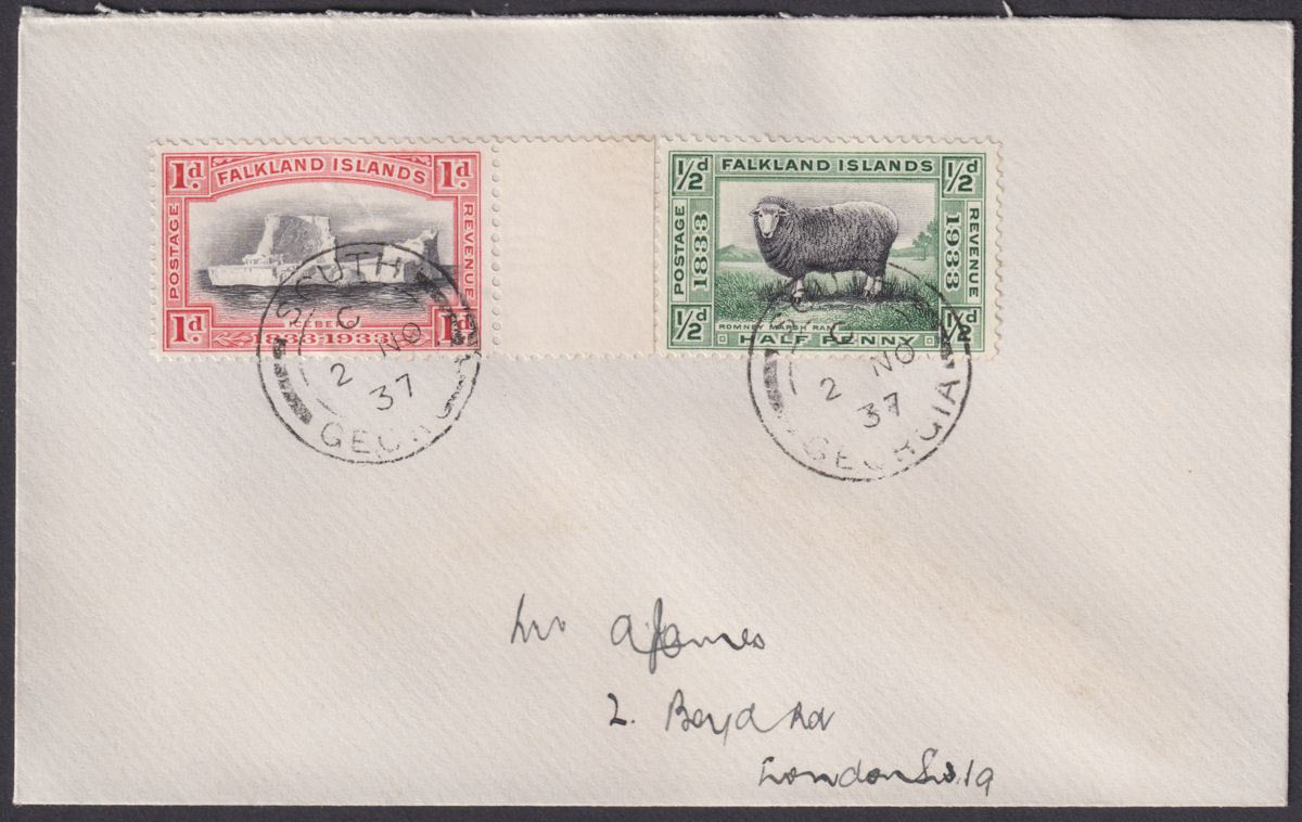 Falkland Islands 1937 KGV Centenary 1d ½d Used Cover SOUTH GEORGIA Pmk SG Z54-55