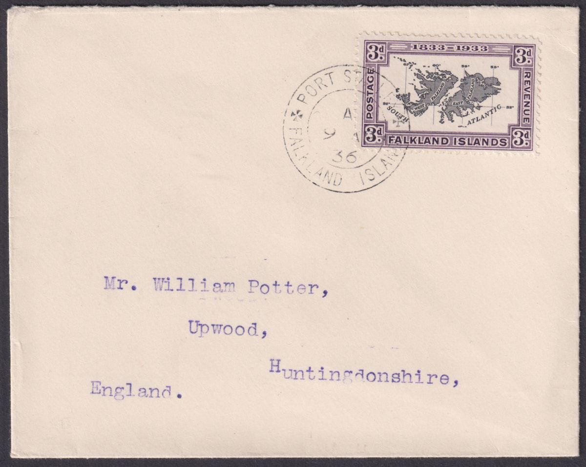 Falkland Islands 1936 KGV Centenary 3d Used on Cover to UK SG131