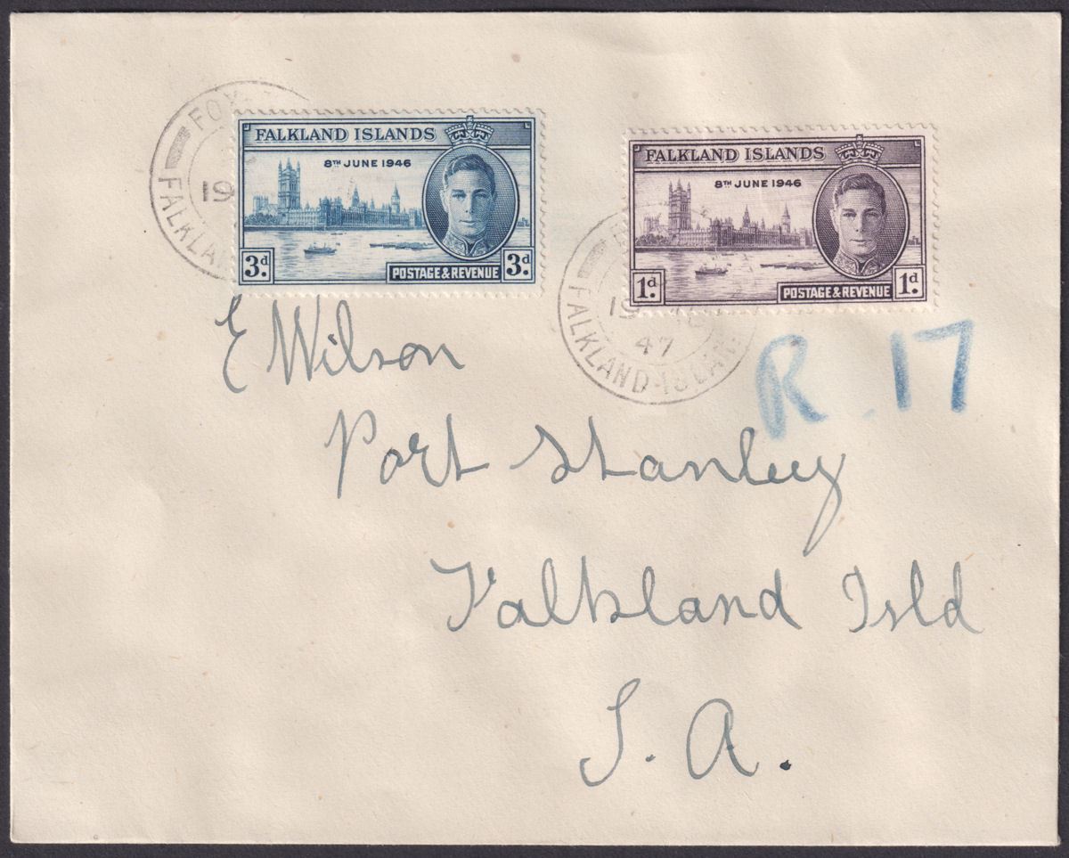 Falkland Islands 1947 KGVI Victory 3d, 1d Used on Cover FOX BAY to Port Stanley