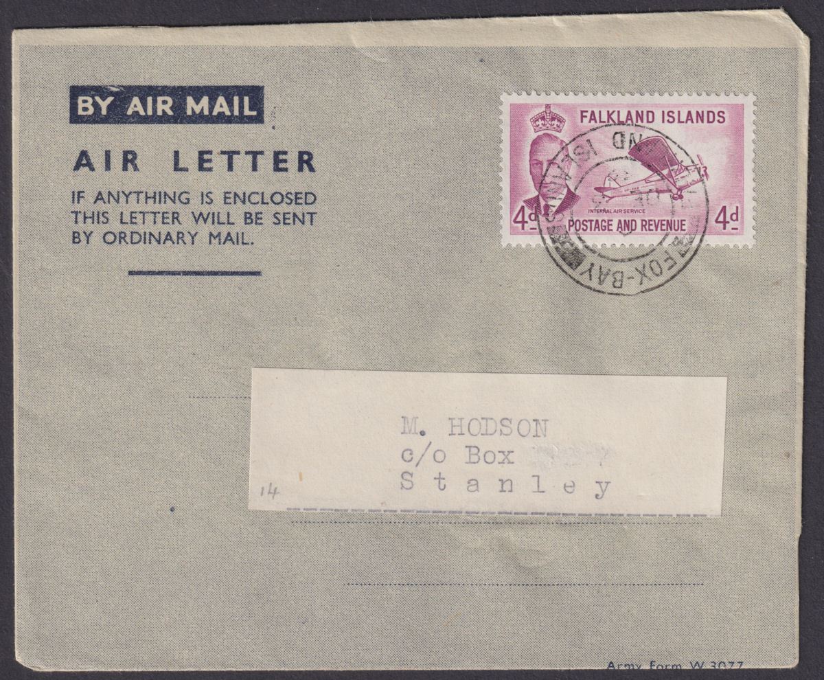 Falkland Islands 1952 KGVI 4d Used on Air Letter FOX BAY to Port Stanley