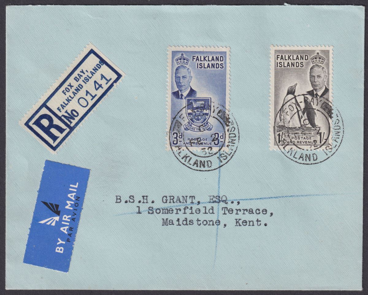 Falkland Islands 1952 KGVI 1sh, 3d Used on Registered Airmail Cover FOX BAY Pmks