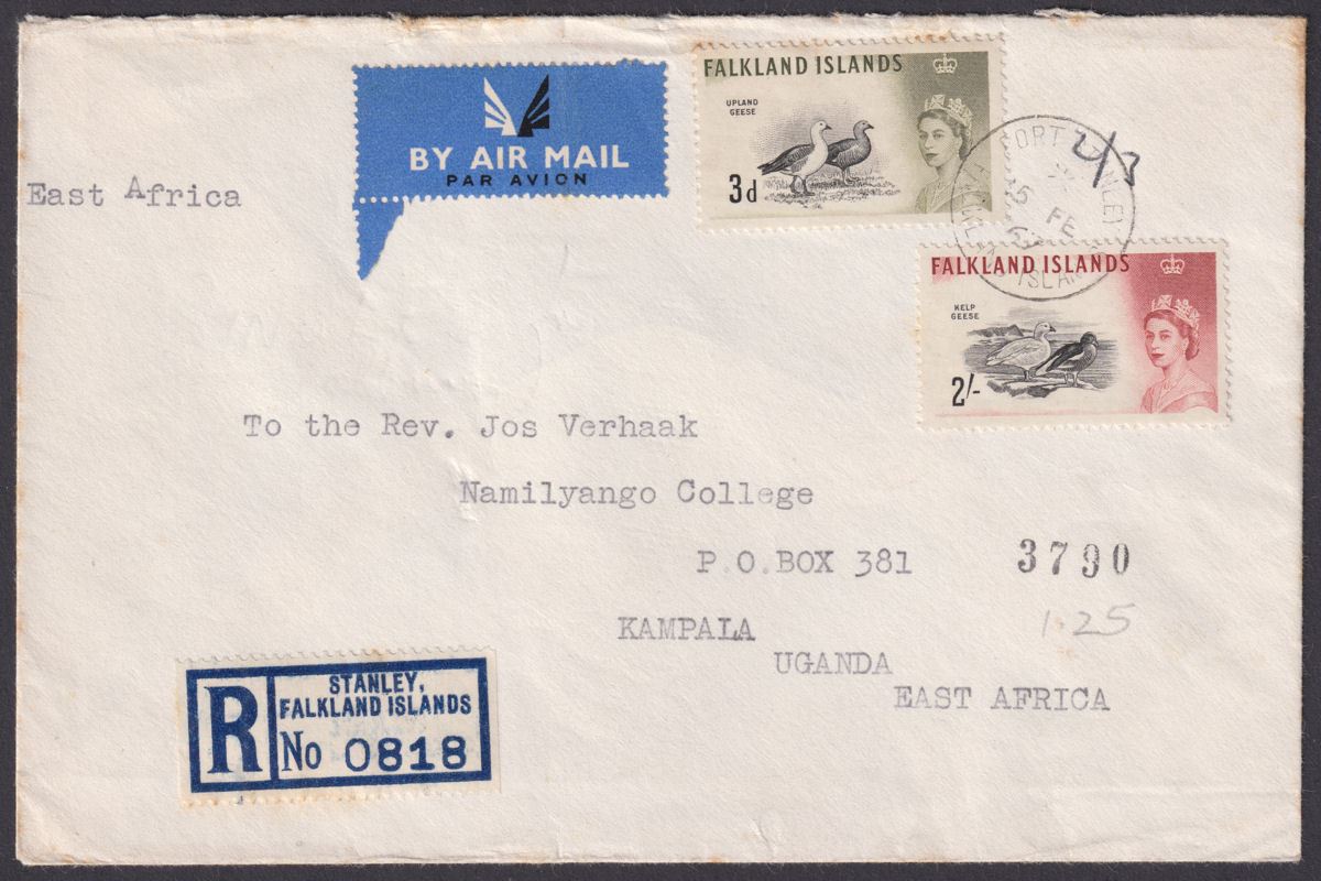 Falkland Islands 1967 QEII 2sh, 3d Used on Registered Airmail Cover to Uganda
