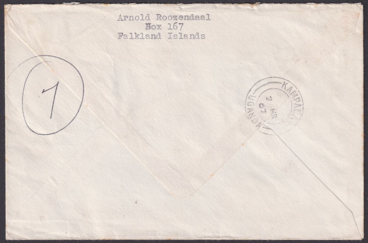 Falkland Islands 1967 QEII 2sh, 3d Used on Registered Airmail Cover to Uganda