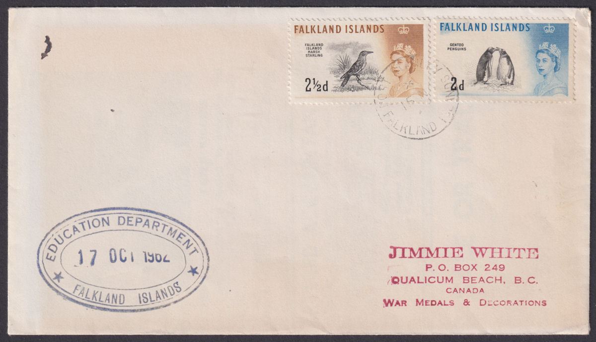 Falkland Islands 1962 QEII 2½d, 2d Used on Education Department Cover to Canada