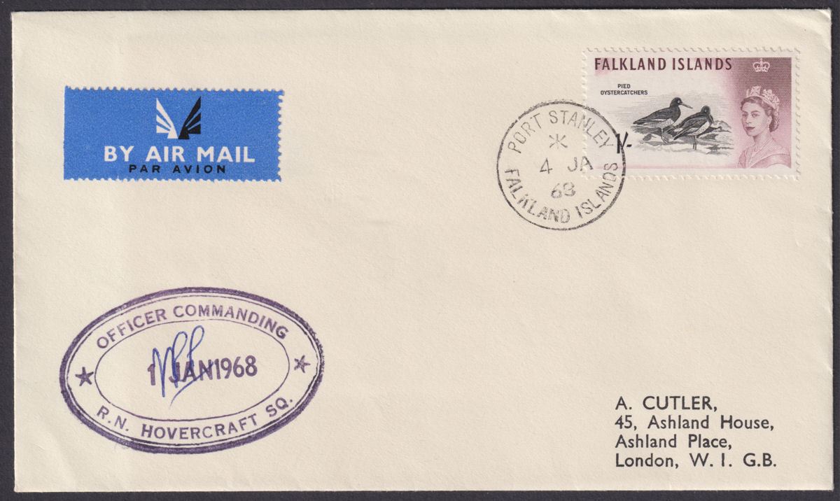 Falkland Islands 1968 QEII 1sh Used on RN HOVERCRAFT Cover w Port Stanley Pmk