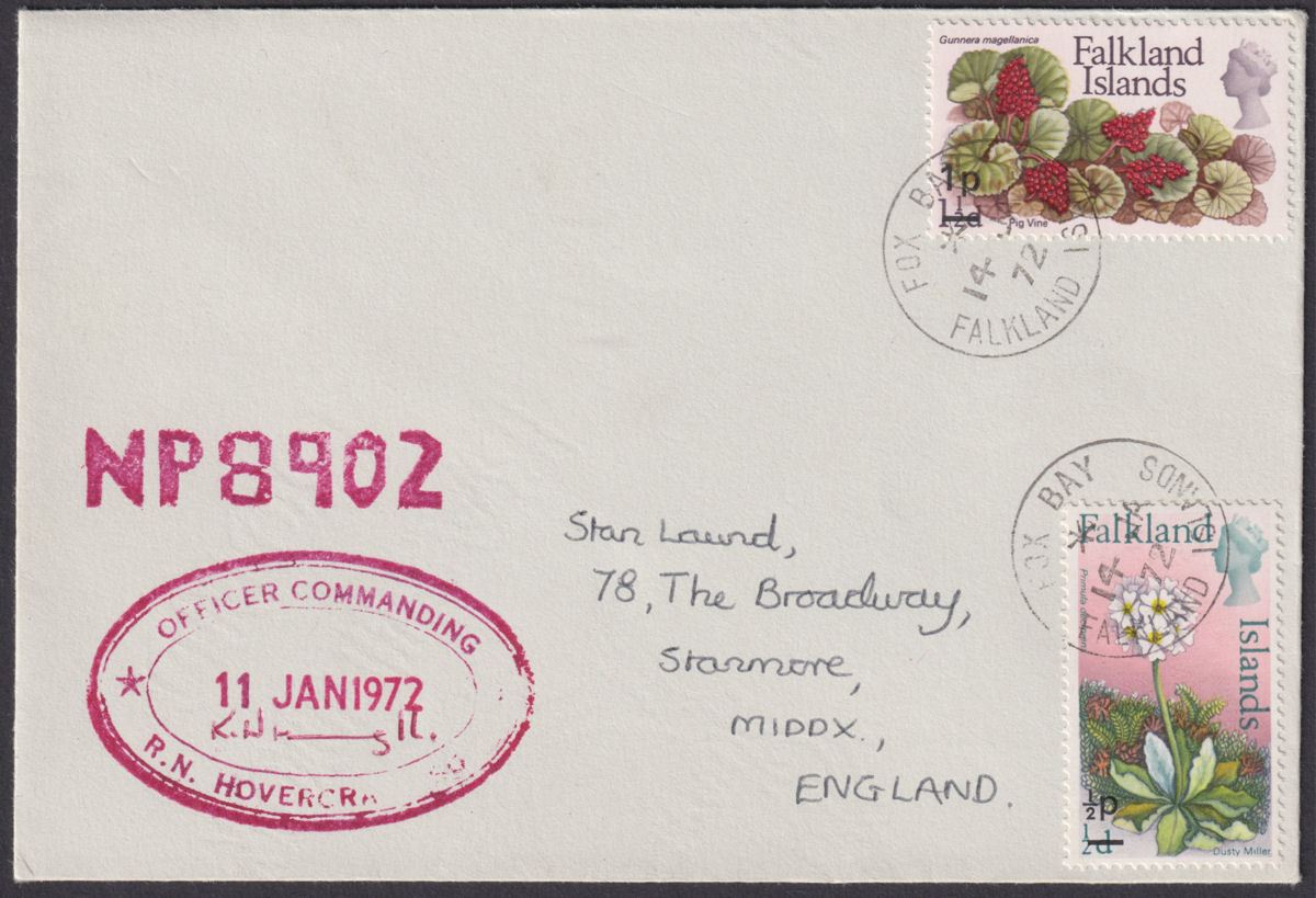 Falkland Islands 1972 QEII 1½p Used on RN HOVERCRAFT / NP8902 Cover -Fox Bay Pmk
