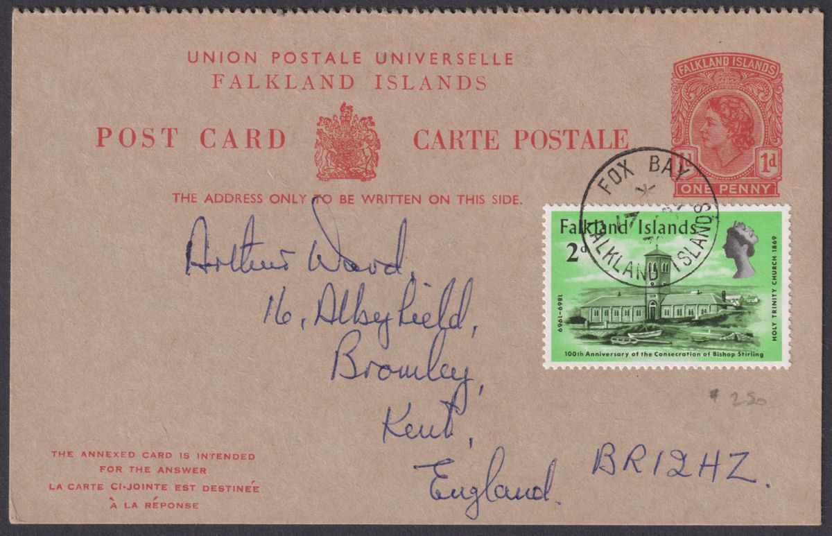 Falkland Islands 1970 QEII 2d Uprating 1d Postal Stat Postcard Used FOX BAY - UK