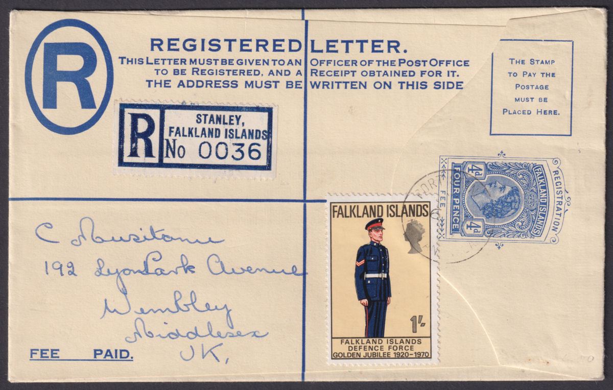 Falkland Islands c1970 QEII 1sh Uprating 4d Registered Postal Stat Cover to UK