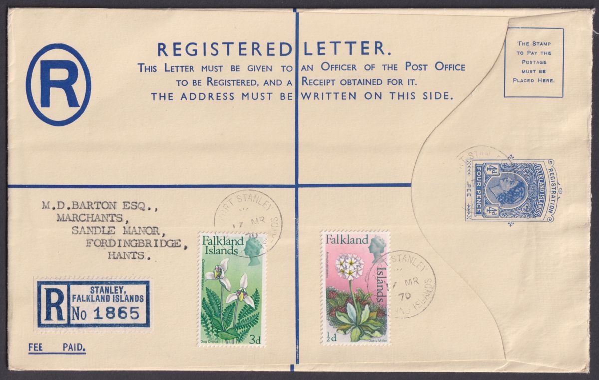 Falkland Islands 1970 QEII 3d, ½d Uprating 4d Registered Postal Stat Cover to UK
