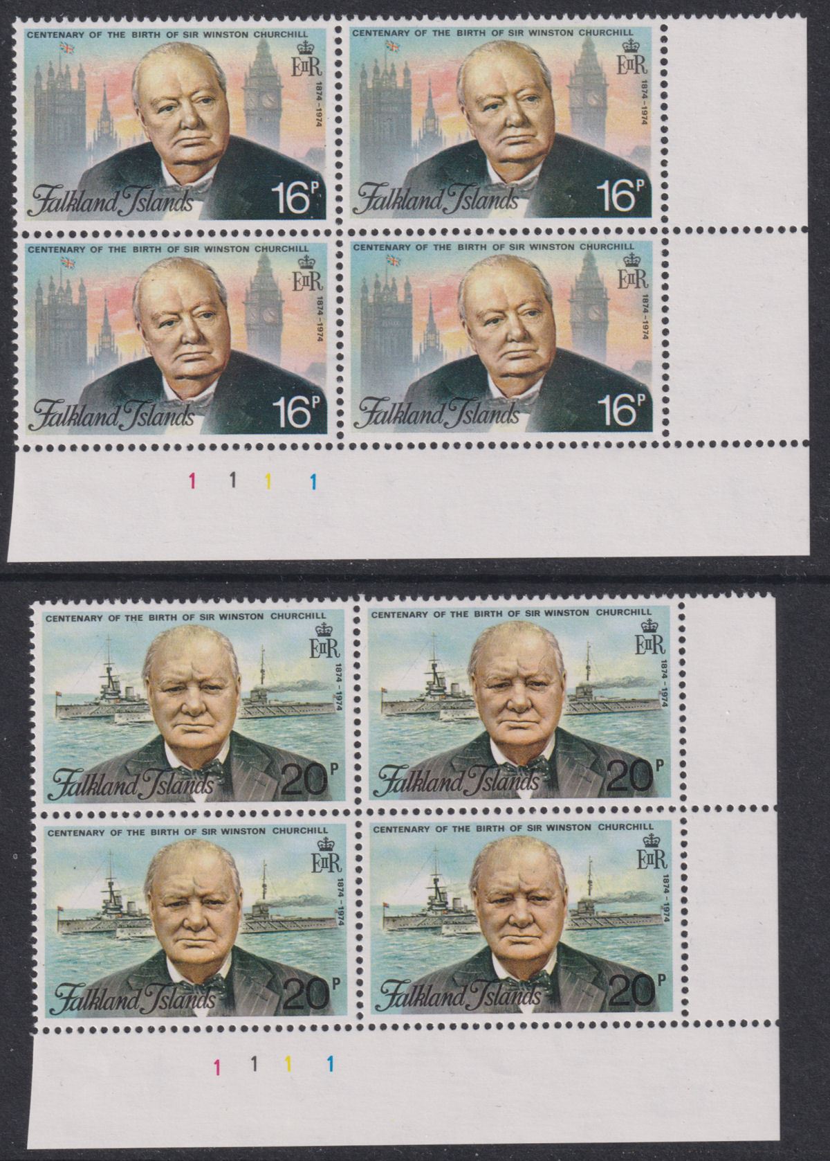 Falkland Islands 1974 Churchill 16p, 20p Plate No Blocks of 4 UM Mint SG304-305